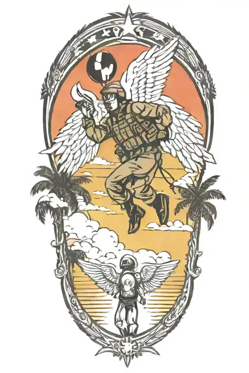 Angel Wings On A Paratrooper Jumping With Sunset Sky And Palm Trees