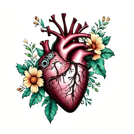 A Mechanical Heart With A Steampunk Aesthetic And Delicate Natural Flowers Growing From It