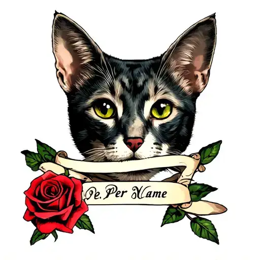 Pet Face Portrait With Crossed Single Roses Underneath And Per Name Banner On Top Of The Roses