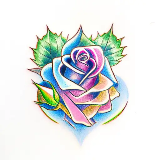 Rose Vine With Three Leaves One Pink Bud Two Blue Buds And On Rainbow Bid