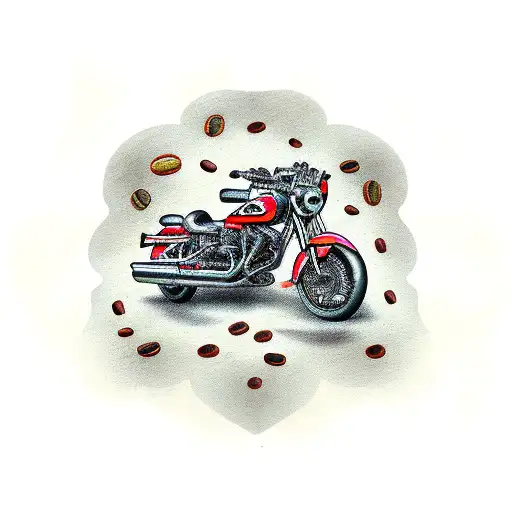 A Motorcycle Made Out Of Coffee Beans And Pizza Slices