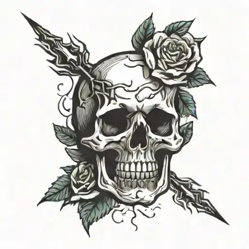 Skull And Roses Growing Inside With Brain Insides Being Striked By Lightning