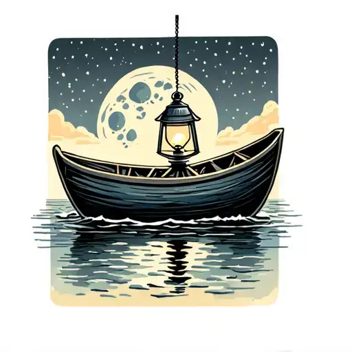 Rowboat And Ores With A Hanging Lantern Inside On The Water Under The Moon And Stars