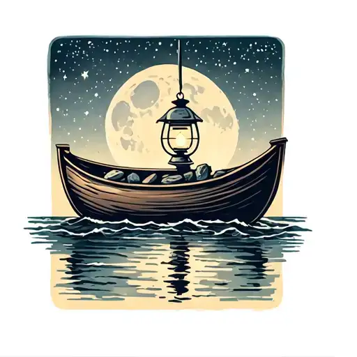 Rowboat And Ores With A Hanging Lantern Inside On The Water Under The Moon And Stars
