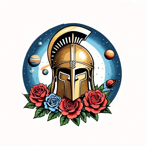 Spartan Helmet And Roses With Planets