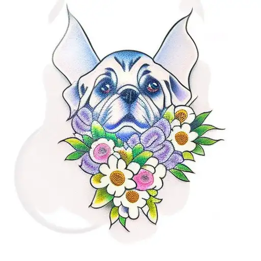 A Traditional-style Tattoo Of A Ghostly Dog Surrounded By Flowers