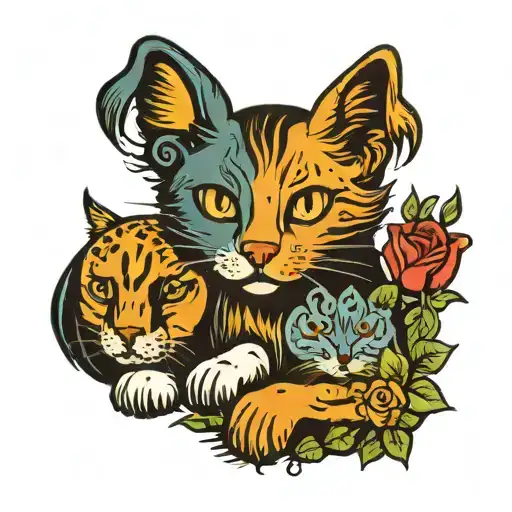 Cat And Dog Sitting Together Face Surrounded