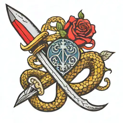 Sword With A Snake Around It And A Balance With A Heart Un A Side And A Brain On The Other