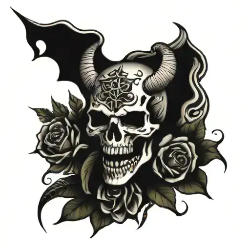 Demon Skull Fire Surrounding Snake Roses Pentagram