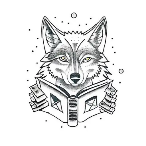 A Realistic Portrait Of A Wolf Reading A Book With A Crystal Ball On Its Side