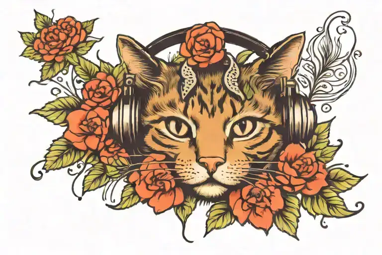 Horizontal Cat Wearing Headphones And Surrounded With Camellia