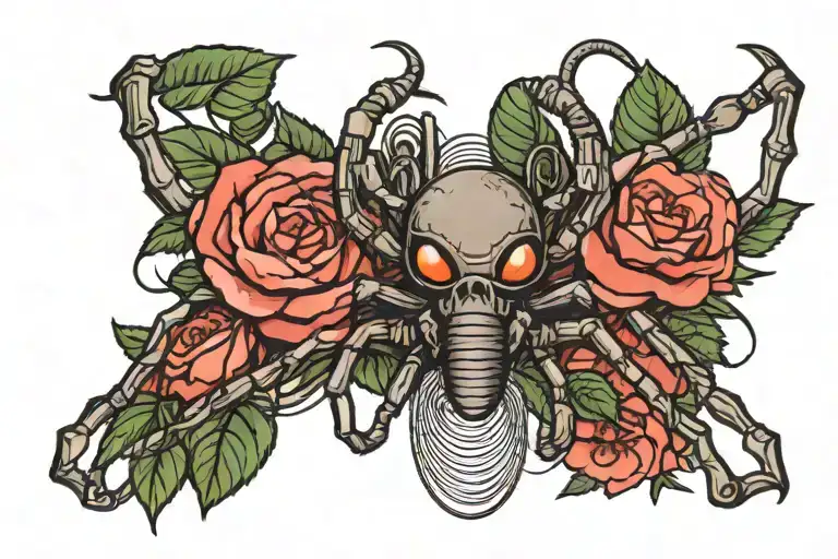 Long Horizontal Spider Wearing Headphones And Surrounded With Camellia