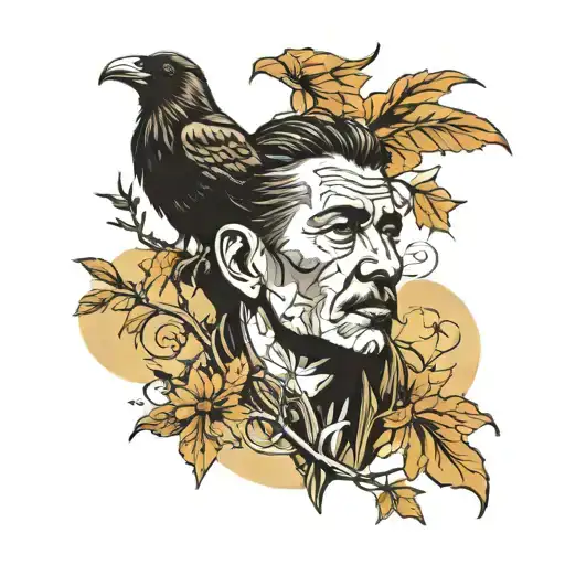 Create A Tattoo Of A Nomadic Person Who Advances Along A Path And A Crow Near Him