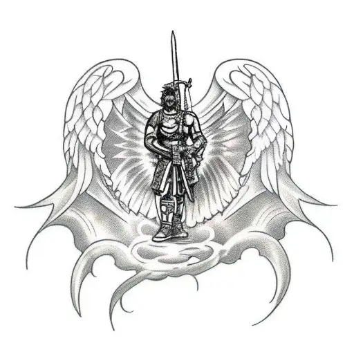 A Tattoo Of A Warrior Angel With Sword And Lighting