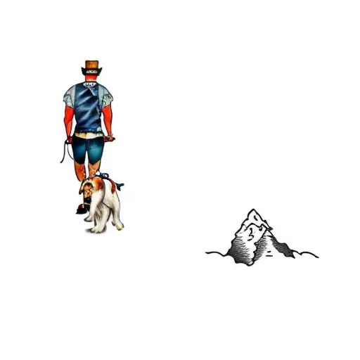 A Man Walking His Dog In The Mountain