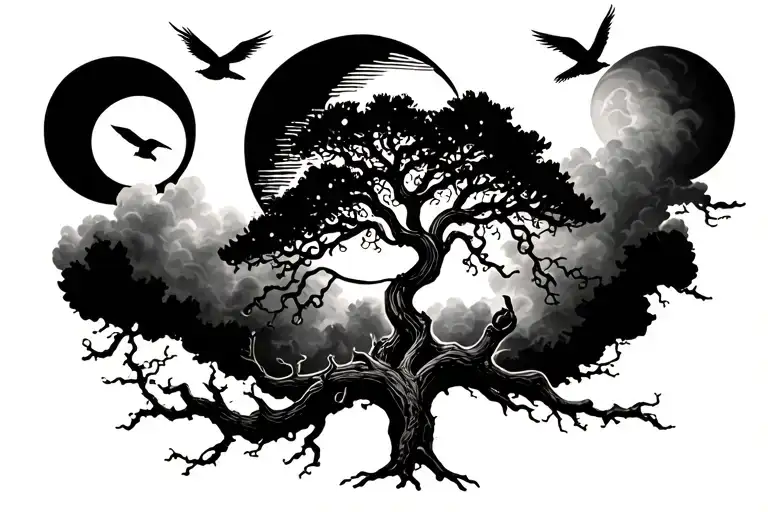 Poison Tree With Moon And Some Fog Over The Higher Parts Of The Tree And Some Birds