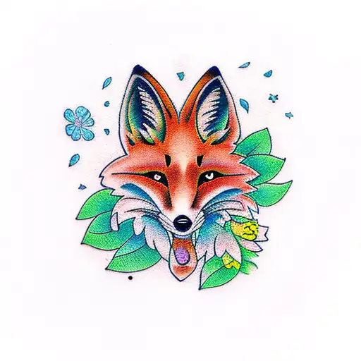 Vibrant Neotraditional Tattoo Depicting A Fox Leaping Among Blooming Flowers