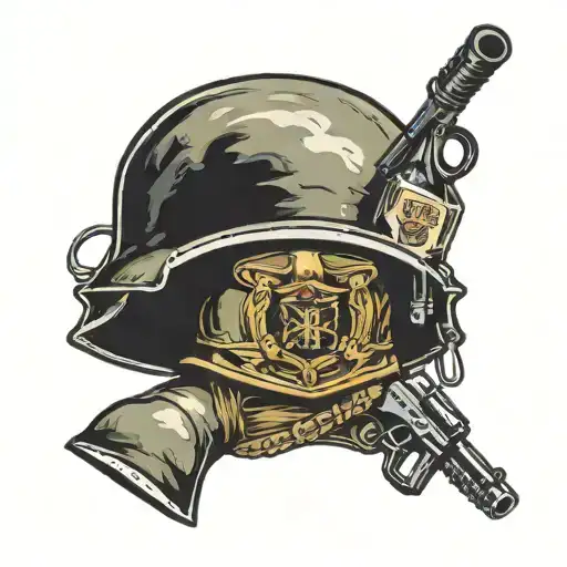 Army Helmet On Top Of Gun With Bottle Of Hennessy Leaning Against The Gun