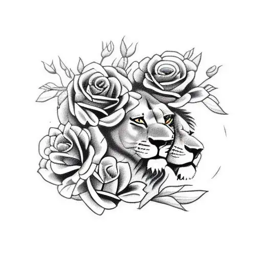 Lioness With Lion Cub With Roses