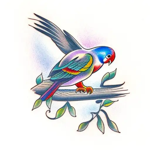 A Traditional Tattoo Of A Lovebird Perched On A Blooming Tree Branch