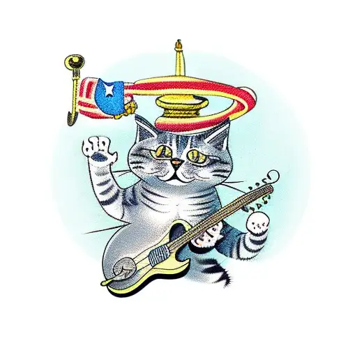 A Cat Playing A Guitar Surrounded By Vintage Trinket Boxes