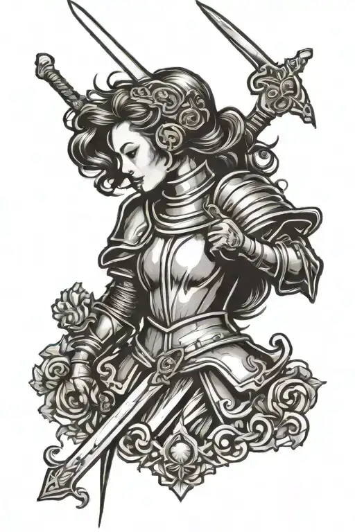 Knight Holding Sword Side Profile Traditional Lady