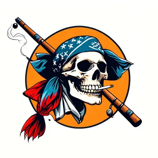 Skull Wearing Bandana Smoking Cigarette Holding Fishing Pole