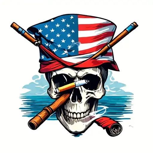 Skull American Flag Bandana Smoking Cigarette Fishing Pole