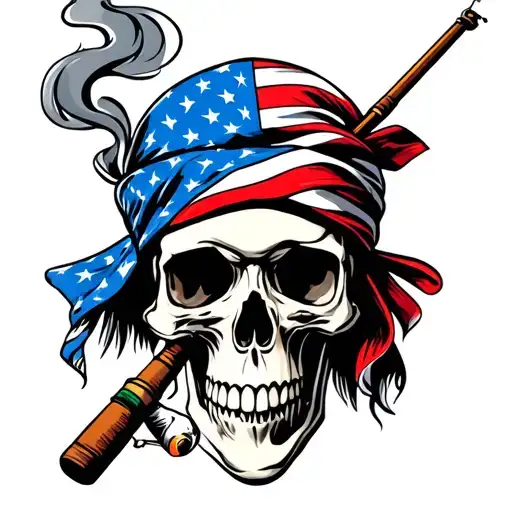 Skull With American Flag Bandana Smoking A Cigarette With A Fishing Pole