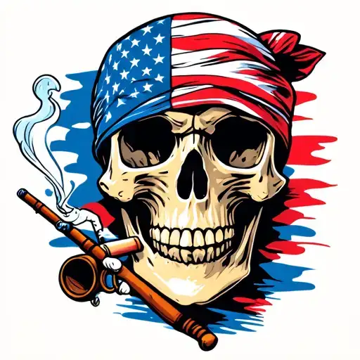 Skull With American Flag Bandana Smoking A Cigarette With A Fishing Pole
