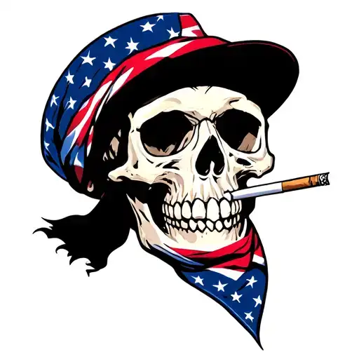 Skull Smoking A Cigarette Wearing American Flag Bandana