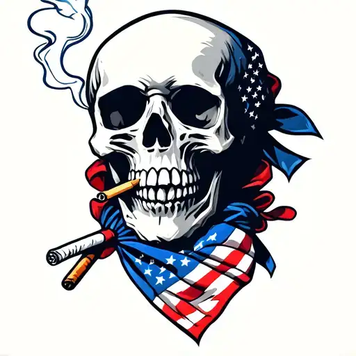 Skull Smoking A Cigarette Wearing American Flag Bandana