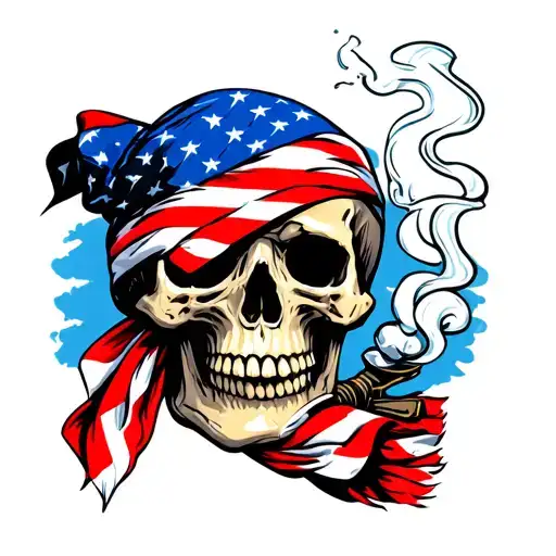 Skull Smoking Wearing American Flag Bandana