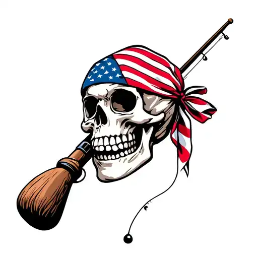 Skull Wearing American Flag Bandana Holding A Fishing Pole