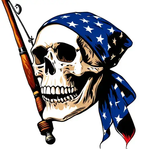 Skull Wearing American Flag Bandana Holding A Fishing Pole