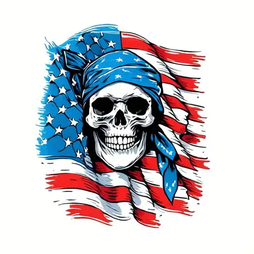 Skull Wearing Bandana In Front Of American Flag Intertwined