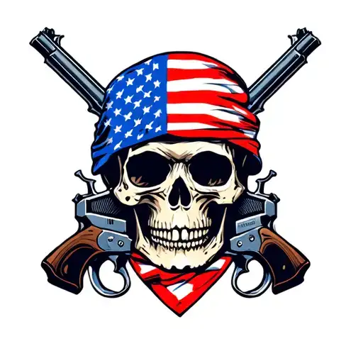 Skull Wearing American Flag Bandana With Guns