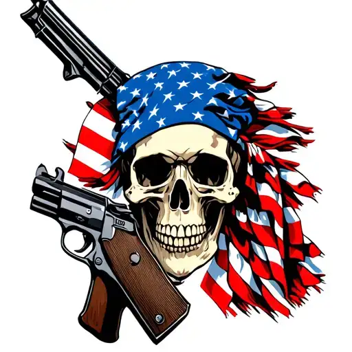 Skull Wearing American Flag Bandana With Guns
