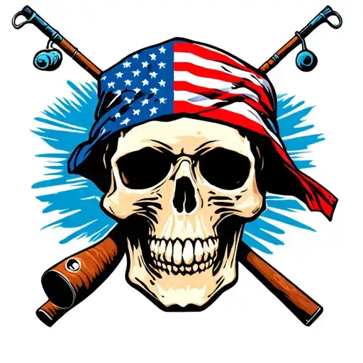 Skull With American Flag Bandana With Fishing Pole