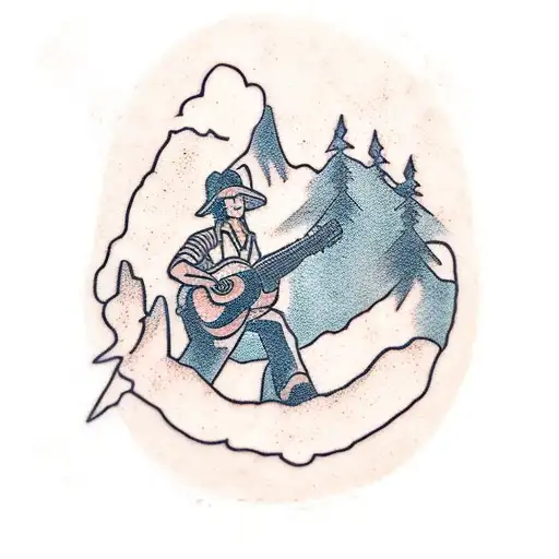 A Silhouette Of A Hiker Playing A Guitar On A Mountaintop