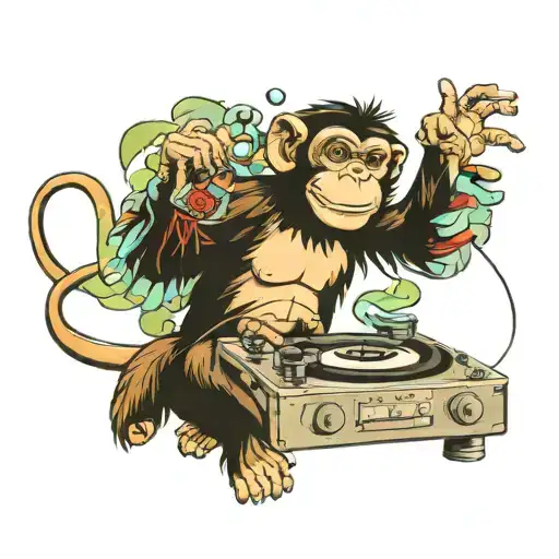 A Monkey Dj Spinning Records With Ocean Life Dancing Around