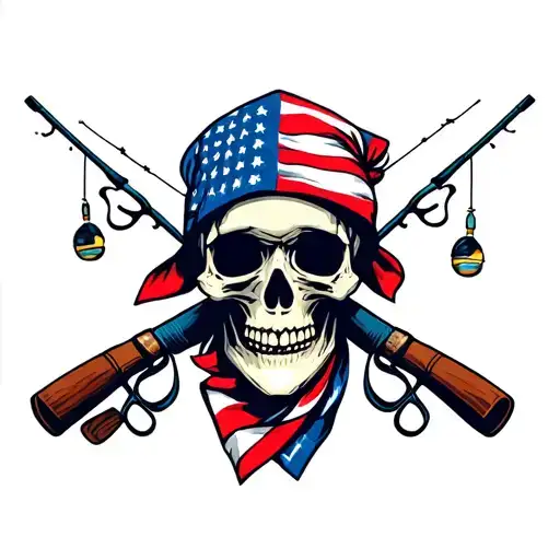 Skull Wearing American Flag Bandana With Fishing Poles