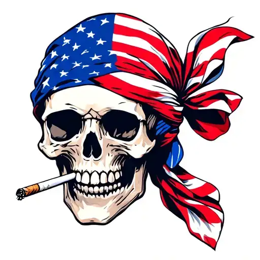 Skull Wearing American Flag Bandana Smoking A Cigarette