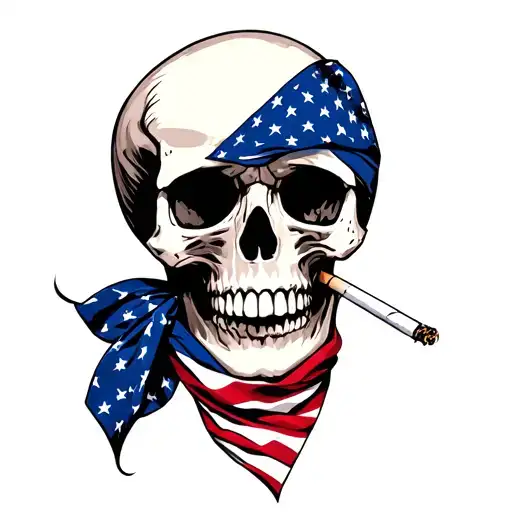 Skull Wearing American Flag Bandana Smoking A Cigarette