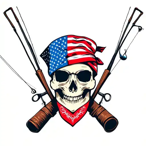 Skull With American Flag Bandana And Fishing Poles