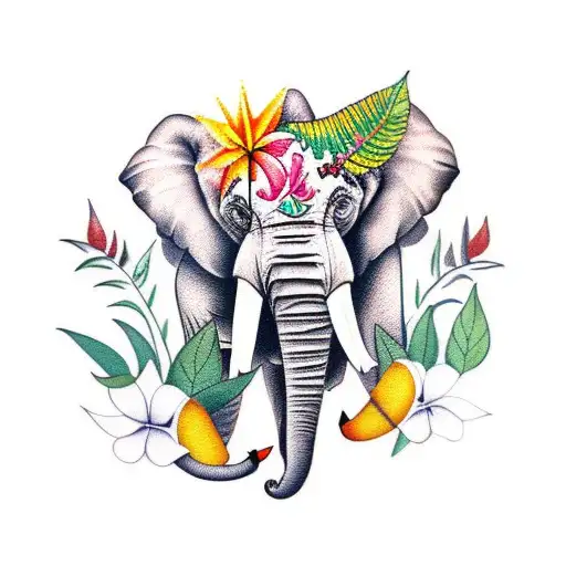 Elephant With Tropical Leaves