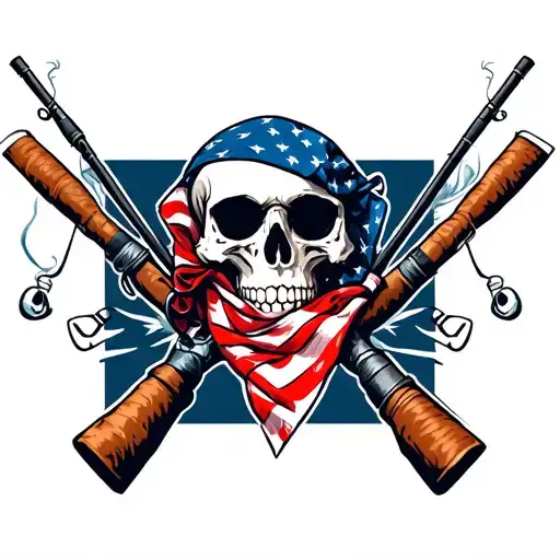 Smoking Skull With American Flag Bandana With Fishing Poles