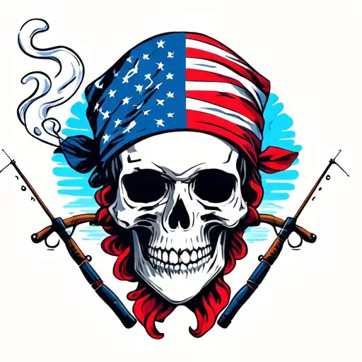 Smoking Skull With American Flag Bandana With Fishing Poles
