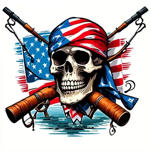 Smoking Skull With American Flag Bandana With Fishing Poles
