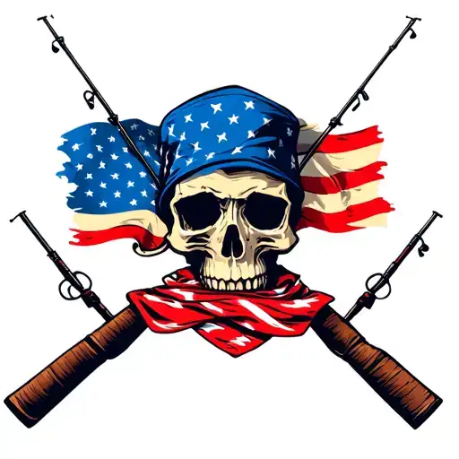 Smoking Skull With American Flag Bandana With Fishing Poles